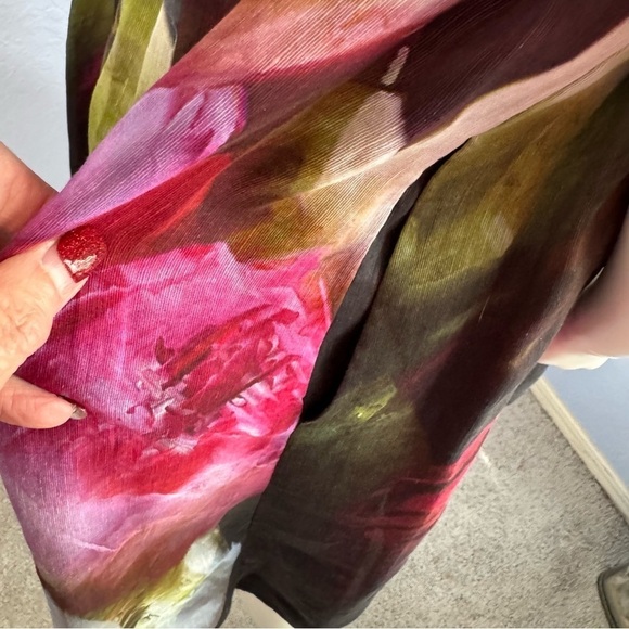 Kay Unger Floral Linen Silk Tie Neck Cocktail Dress - Picture 3 of 5